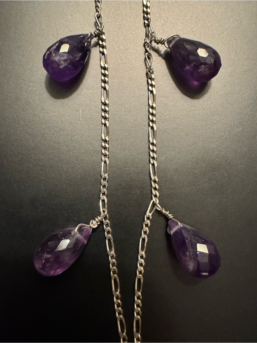 Sterling Silver Genuine Amethyst Station Necklace - Faceted Briolette Drops